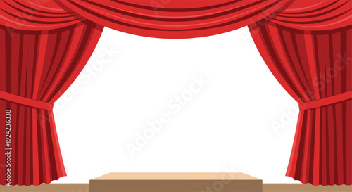 A theatrical stage with red curtains draped at the top and sides features a brown wooden floor and a white opening.