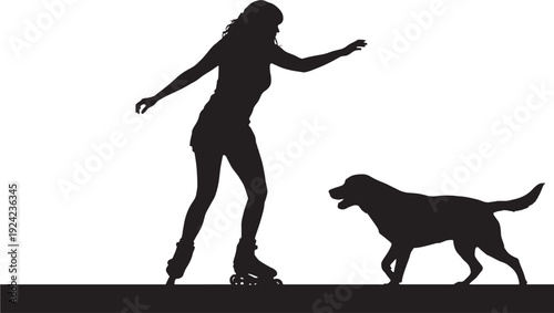 Woman roller skating with dog silhouette on white background featuring black, female, person with pet and animal elements for canine, recreation projects, clean composition on simple background