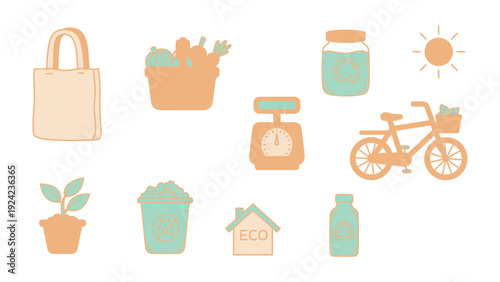Eco-Friendly Shopping and Lifestyle Icons: A delightful assortment of hand-drawn icons representing sustainable living and eco-conscious choices, offering a glimpse into a greener lifestyle.