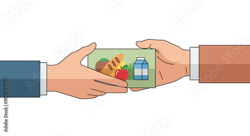Hands exchanging groceries on smartphone screen, online shopping concept