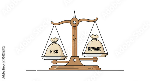A wooden mechanical balance scale holding two burlap sacks labeled risk and reward sits perfectly level against a plain white background.