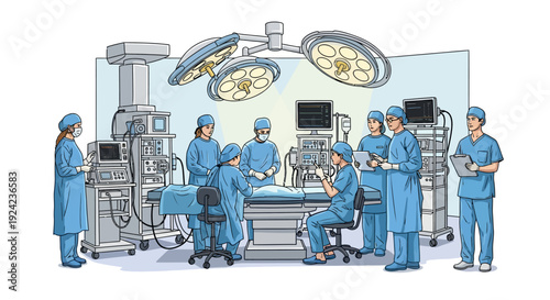 Medical professionals in operating room preparing for surgery illustration