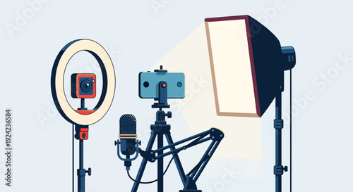 Vlogging Equipment Setup: Ring Light, Microphone, Camera, Softbox