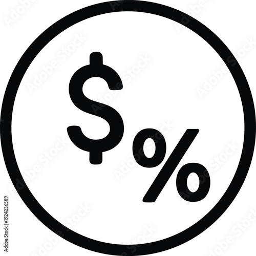 Dollar and percent symbol inside circle icon isolated on white background, finance discount rate and interest percentage concept illustration in bold black design