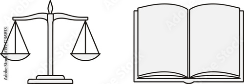 Justice scales and open book outline icon set isolated on white background, law and legal education concept illustration, courtroom symbol design