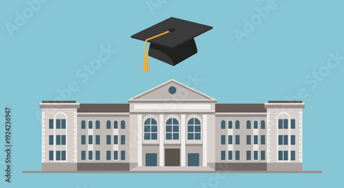 Graduation Cap Flying Over University Building
