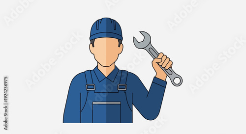 Mechanic holding wrench, blue uniform, construction worker concept