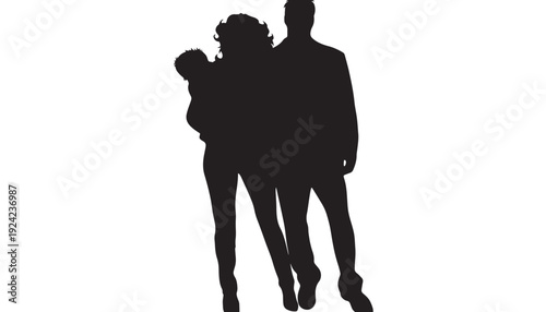 Couple silhouette walking together with arm around partner, black full body outline on white background, romantic relationship concept for love, date, and lifestyle design