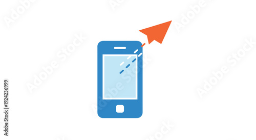 A blue smartphone icon with a light blue screen features an orange paper airplane flying diagonally upwards with white dashed motion lines.