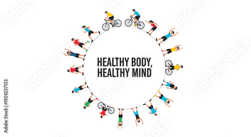 Healthy lifestyle icon set with people exercising and biking