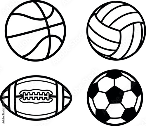 Sports Ball Icon Set with Basketball, Volleyball, American Football, and Soccer Symbols for Fitness, Games, Training, and Athletic Design Projects