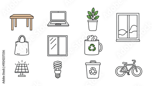 Eco-conscious Elements: A collection of line art icons highlighting essential eco-friendly components, showcasing environmental awareness and sustainable choices.