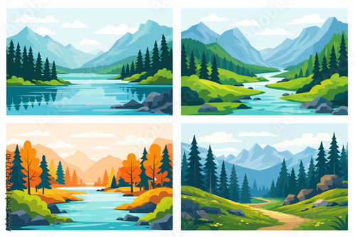 Collection of four flat vector landscapes with mountains, pine forests, rivers and lakes across seasons, including autumn colors and a hiking path. Concept of outdoor travel posters.