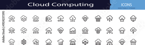 cloud computing and network server icons, outline thin line set