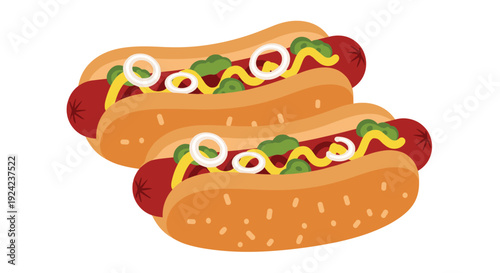 Two hot dogs with red brown sausages topped with yellow mustard green relish and white onion rings sit diagonally on a white background.