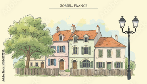 Watercolor illustration of houses in Sceaux, France with a street lamp.