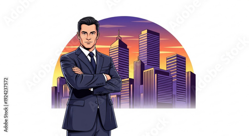 Confident businessman standing in front of city skyline at sunset arms crossed professional and successful