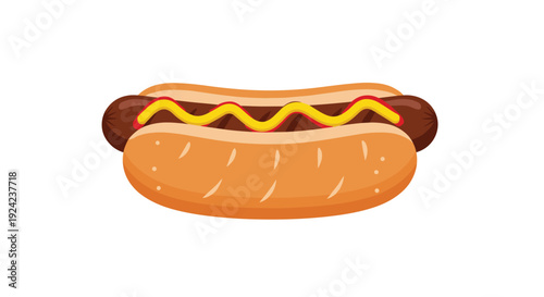 A single hot dog with a dark brown sausage and a wavy line of yellow mustard sits inside a light brown bun on a white background.