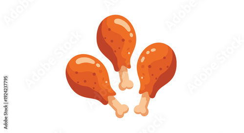 Three stylized orange brown fried chicken drumsticks with highlights and dark speckles are arranged together on a plain white background.