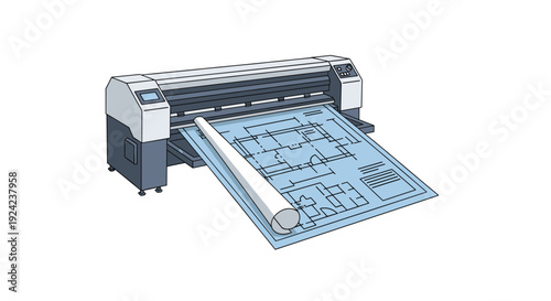 A large format printer feeds a blue architectural blueprint.