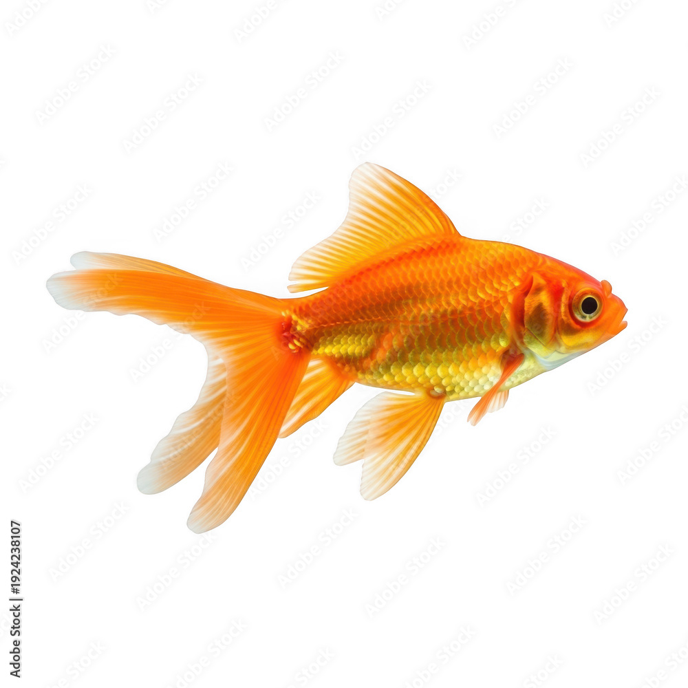 Fototapeta premium Vibrant orange goldfish swimming, beautiful fantail goldfish with flowing fins, isolated aquatic pet on white background, golden fish for design