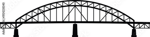 Steel arch bridge silhouette isolated on white background, industrial infrastructure structure icon illustration, transportation engineering landmark design in bold black style