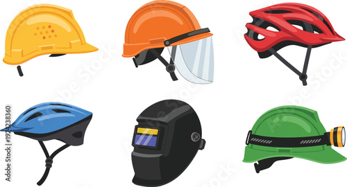 Set of safety helmets and protective headgear icons, flat vector illustration collection for construction, cycling, industrial work, personal protection