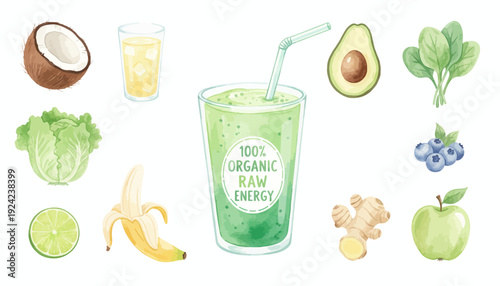 Healthy green smoothie with fresh fruits and ingredients.