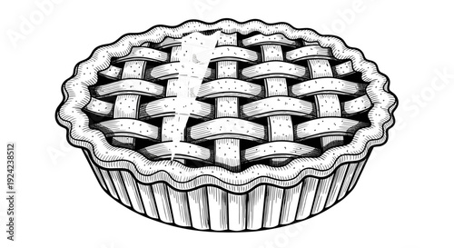 Hand drawn engraving of traditional lattice pie in fluted baking dish perfect for bakery menu and cooking