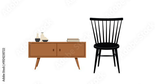 A mid century modern brown wooden sideboard and a black spindle back chair are positioned side by side on a white background.