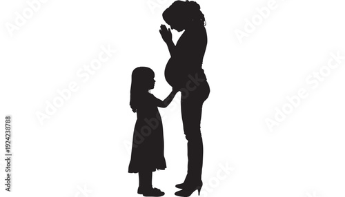Mother silhouette pregnant with daughter touching belly, happy family moment, black outline on white background featuring love, care, happiness with togetherness and parenting elements for maternity,
