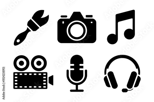 A set of black silhouette icons illustrating creative arts, audio, film, and digital entertainment concepts.