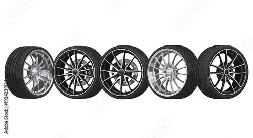 Five distinct automotive alloy wheels with black tires are positioned in a horizontal line against a white background showing various spoke designs.