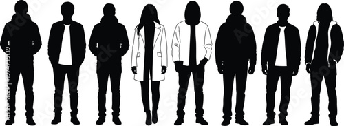 Men and Women Silhouettes Collection Vector Illustration, Standing Casual People Isolated Black Figures on White Background