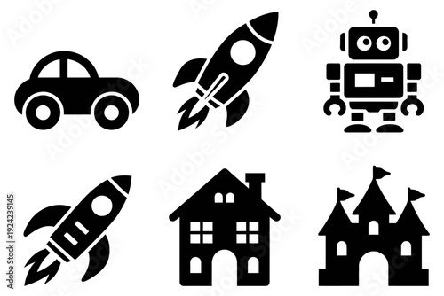 A compilation of children's play items, from toy cars and rockets to a house and castle.