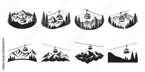 Black silhouette ski lift icons set, cable car gondola over snowy mountain peaks with pine forest, winter ski resort aerial ropeway illustrations, adventure vacation travel vector clipart bundle