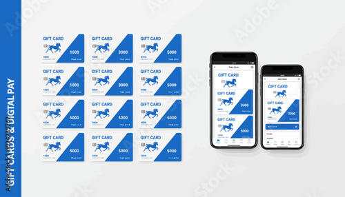 Digital gift cards displayed on mobile phones alongside printed cards.