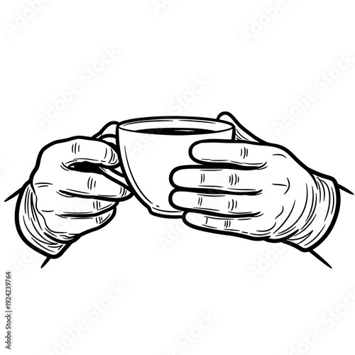 Hands holding a coffee cup in a sketch style illustration  
