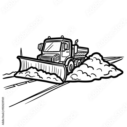 Snow plow removing snow from road in winter season  in sketchy doodle style