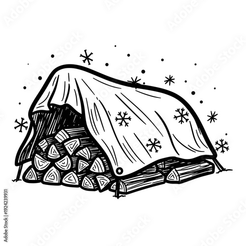 Woodpile covered by tarp and snowflakes in winter scene  
