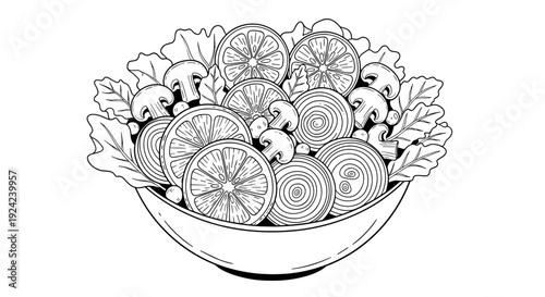 Healthy diet black and white coloring page for adults and kids with salad bowl full of vegetables