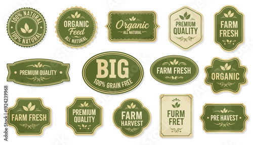 Collection of green vintage style labels and stickers for organic farm fresh products.