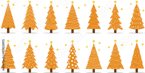 Set of stylized orange Christmas trees with stars, modern flat vector collection for festive holiday design, winter celebration illustration