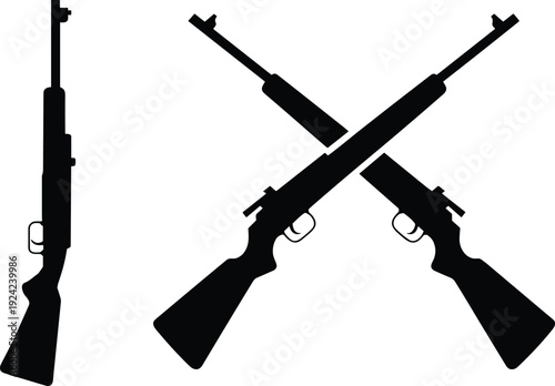 Hunting rifle silhouette icon set with crossed guns and vertical firearm symbols, black military weapon vector illustration for shooting sports, army and security.
