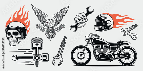 Retro Motorcycle Theme Vector Set. Skull, Helmet, Eagle, Bike, Wrench and Piston Illustrations for Biker Club Emblem, T Shirt Print, Vintage Garage Logo and Custom Motor Design.