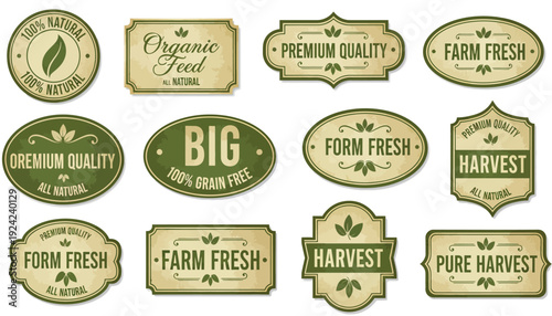 Vintage style labels for farm fresh produce and organic food products.
