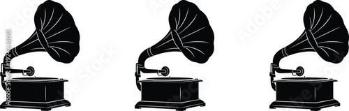Vintage gramophone silhouette icon set with classic phonograph record player symbols, black musical equipment vector illustration for retro audio, nostalgic song and sound.