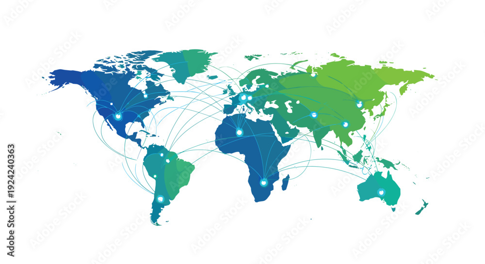 Fototapeta premium A vibrant gradient world map displays numerous interconnected glowing blue nodes across its continents on a clean white background.