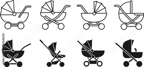 Baby stroller icon set featuring carriage and pram symbols in black silhouette and thin line styles, vector illustration for childhood and parenting.