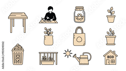 Eco-Friendly Icon Set: A collection of simple, charming icons, embodying a commitment to environmental stewardship and a sustainable way of life.